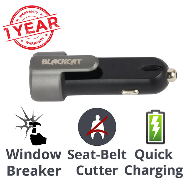 Blackcat Dual USB Safety Charger Resq | Rugged Metal Body | Fast Charger 3.1A | Hammer Tip Tungsten Carbide | Sharp Blade Seat Belt Cutter