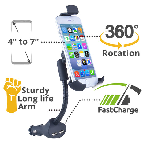 Blackcat Car Mobile Holder & Fast Charger 3.1A 2-USB,360° Rotating | Car Charger Holder Cradle Mount with Dual USB 3.1A Max Charging