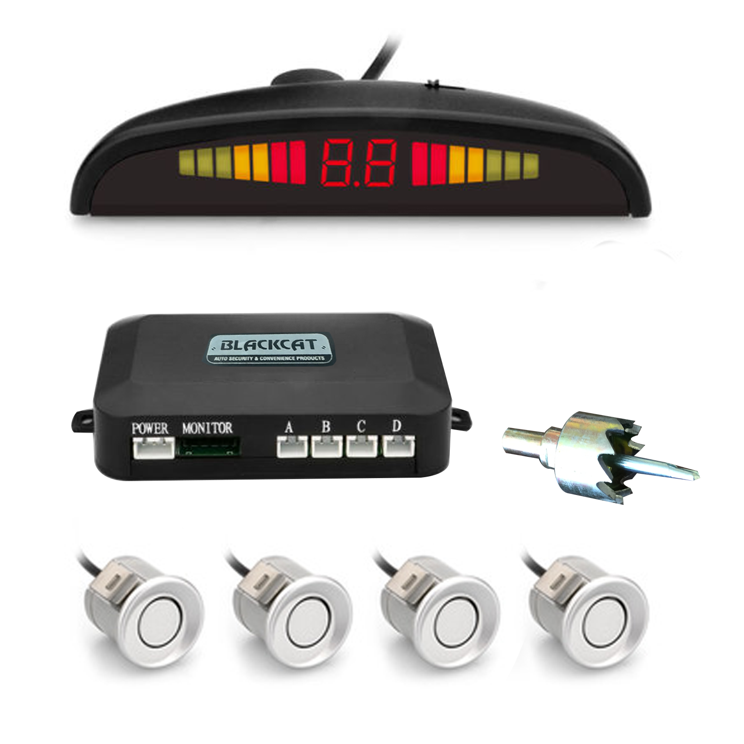 Blackcat Car Reverse Parking Sensor & Screen (LED) on Dashboard with Human Voice; 4 ultrasonic sensors (RSCDV)